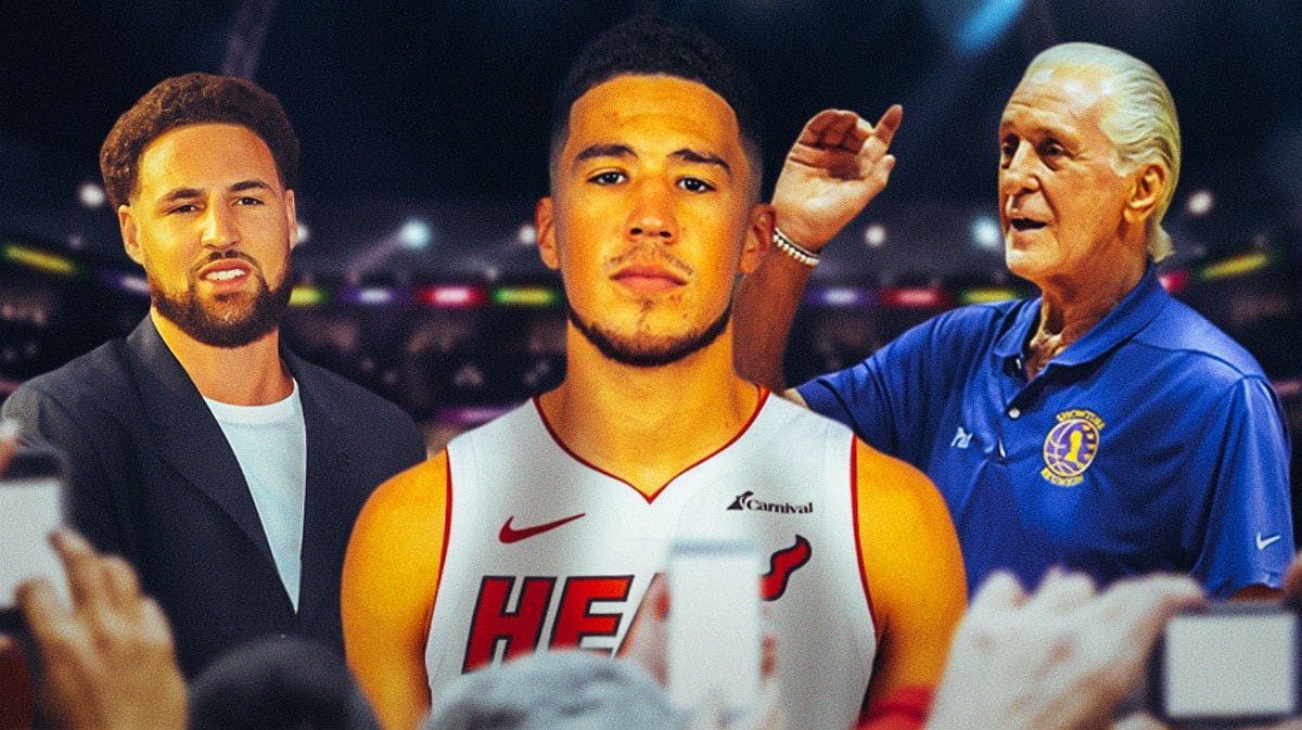 Phoenix Suns star Devin Booker next to Heat president Pat Riley and Klay Thompson in front of Kaseya Center.