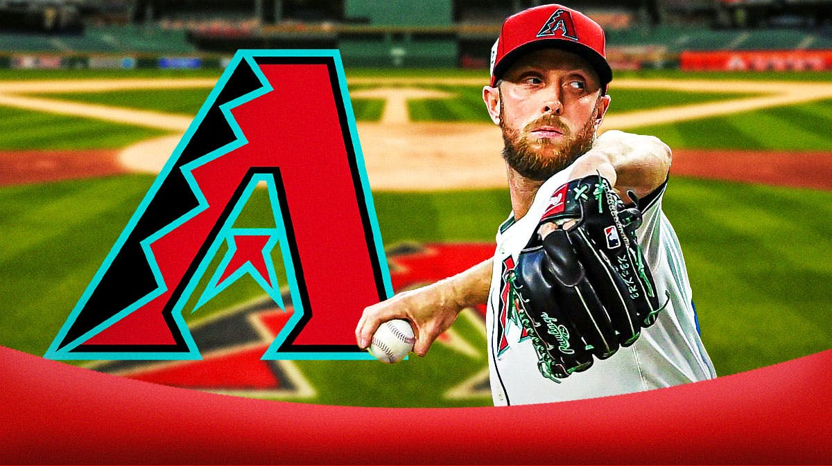 Arizona Diamondbacks logo on left side, Arizona Diamondbacks pitcher Merrill Kelly on right side, Chase Field (home stadium of Arizona Diamondbacks) in background