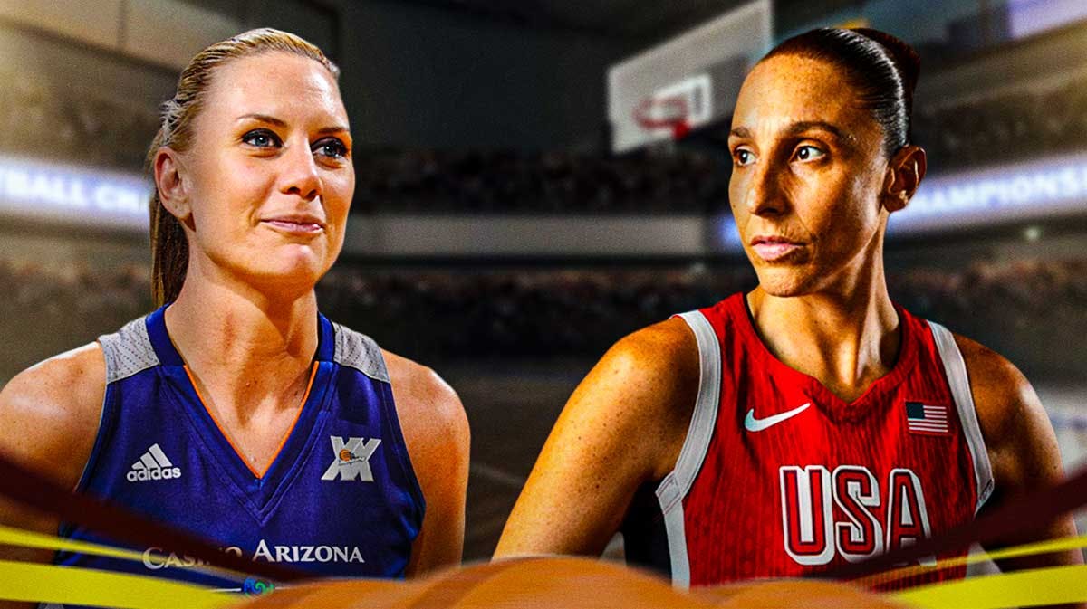 Team USA women's basketball player Diana Taurasi, in a Team USA jersey, and Australia national women's basketball team player Penny Taylor, in a Australia women's basketball jersey