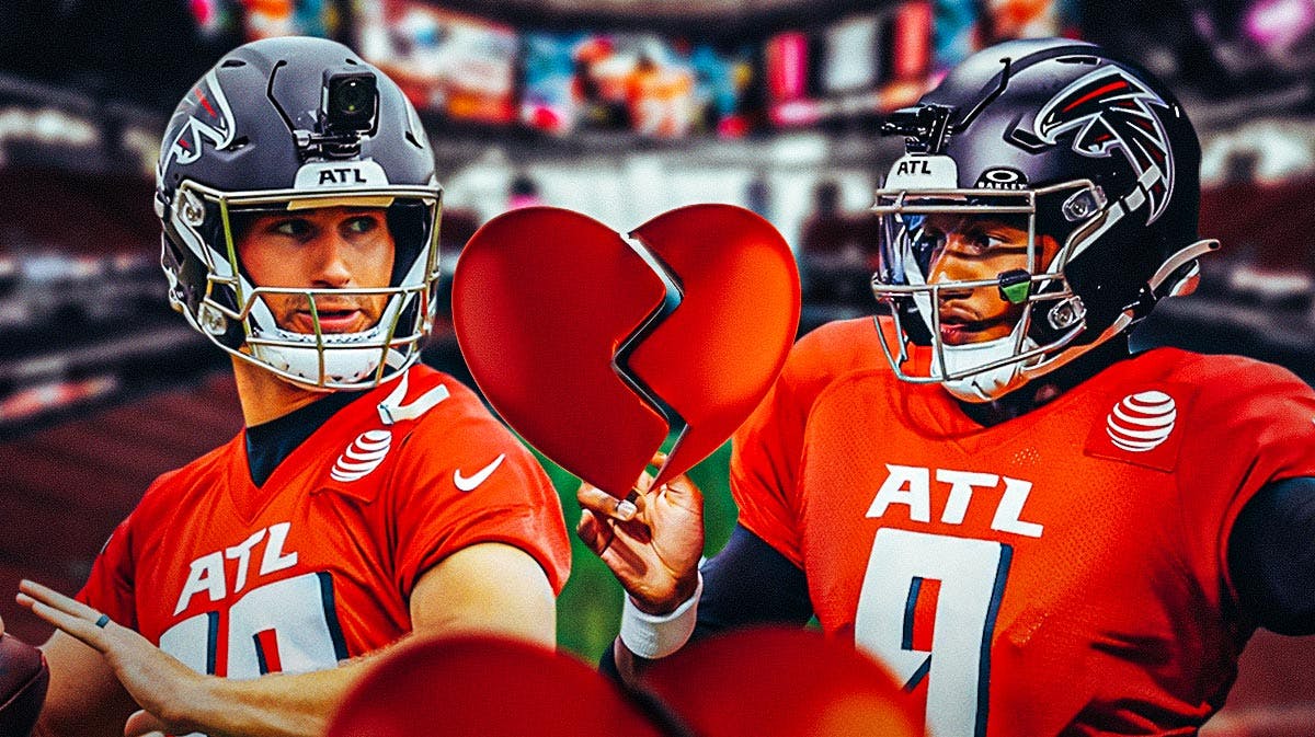 Kirk Cousins and Michael Penix Jr. with a broken heart between them featuring a Falcons-colored background.