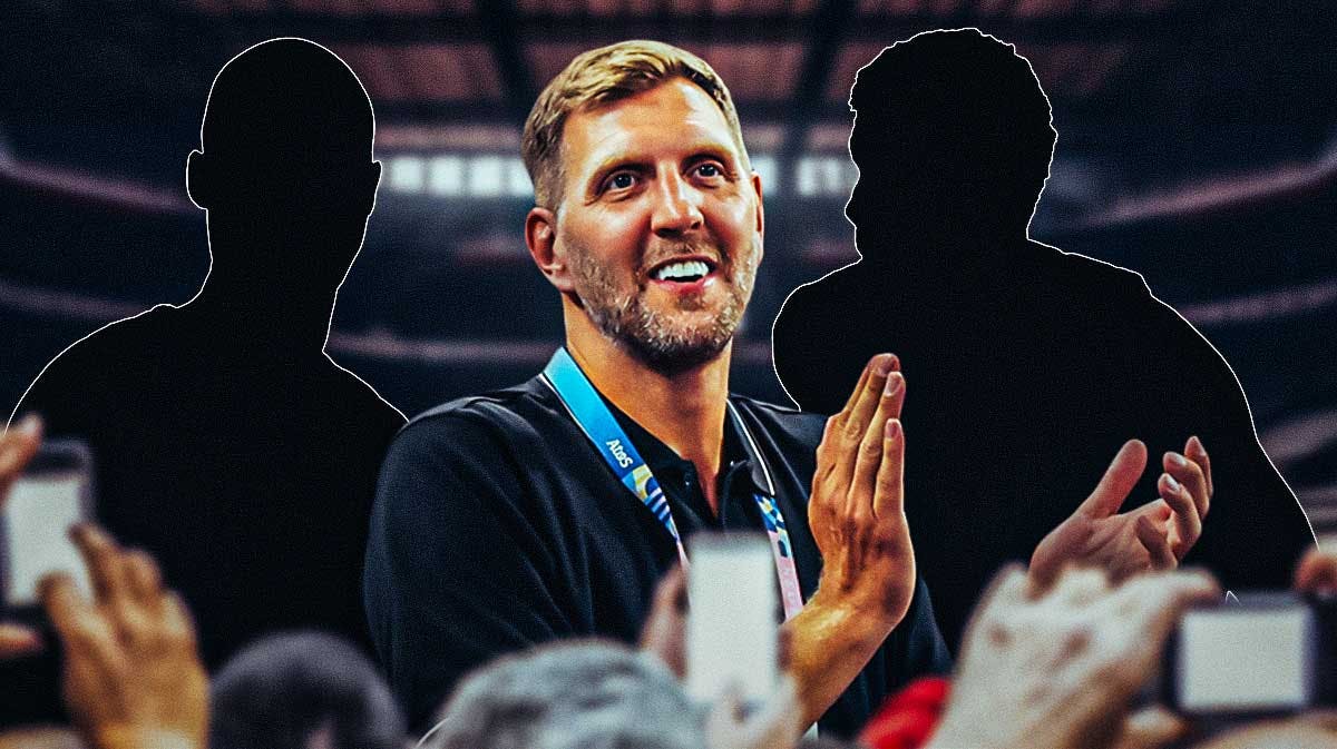 A picture of Dirk Nowitzki in the middle, and a picture of mystery players standing beside him on the left and right, with an Olympic basketball court in the background.