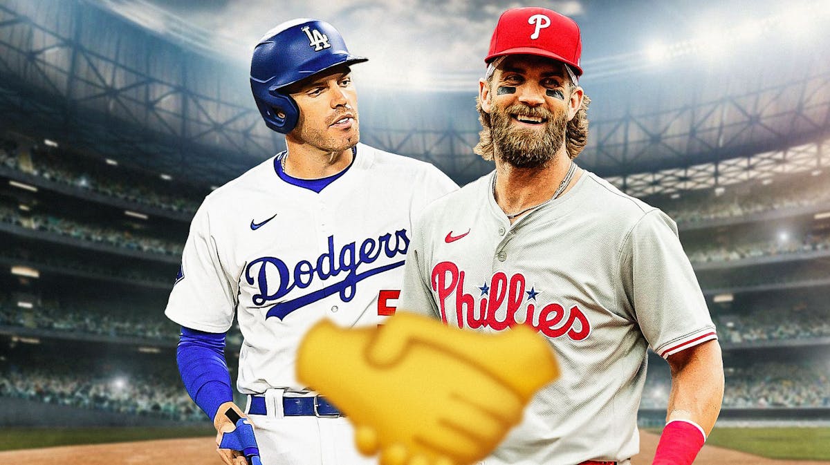 Dodgers' Freddie Freeman and Phillies' Bryce Harper smiling, with the shaking hands emoji between them