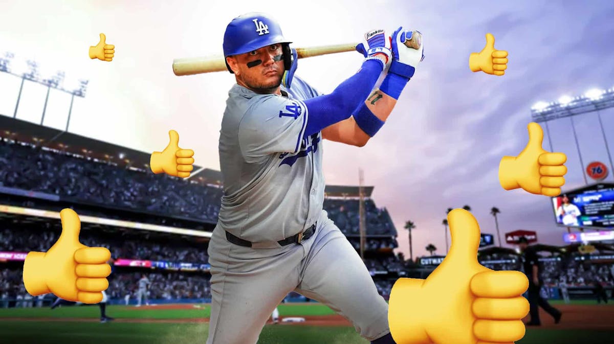 Miguel Rojas (Dodgers) batting, Dodger Stadium background with thumbs up emoji