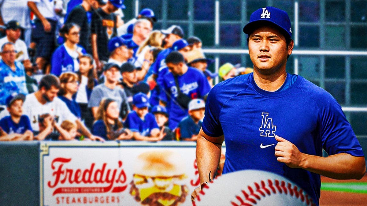 Shohei Ohtani on one side, a bunch of Los Angeles Dodgers fans on the other side with stars in their eyes