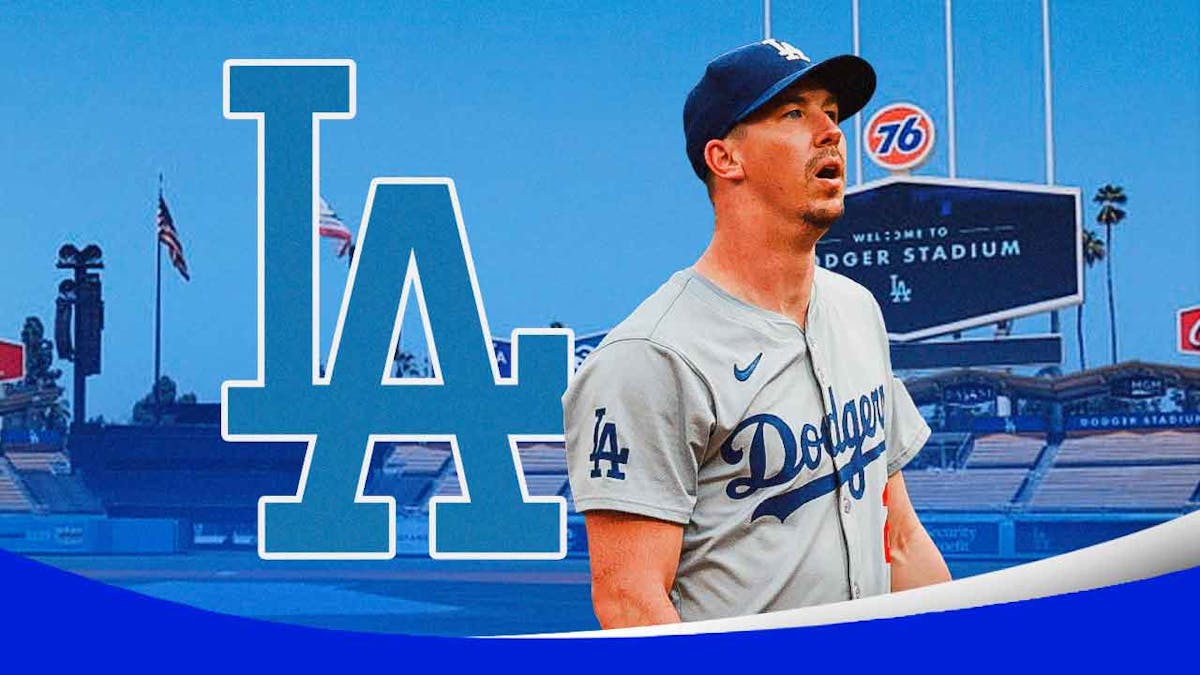 Los Angeles Dodgers logo on left side, Los Angeles Dodgers starting pitcher Walker Buehler on right side, Dodger Stadium (home stadium of Los Angeles Dodgers) in background