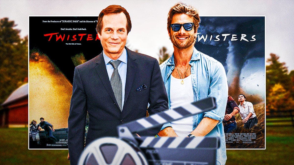 Bill Paxton and Glen Powell with posters of Twister and Twisters with farm background.