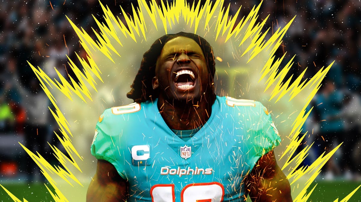 Tyreek Hill going Super Saiyan in front of the NFL Top 100 logo
