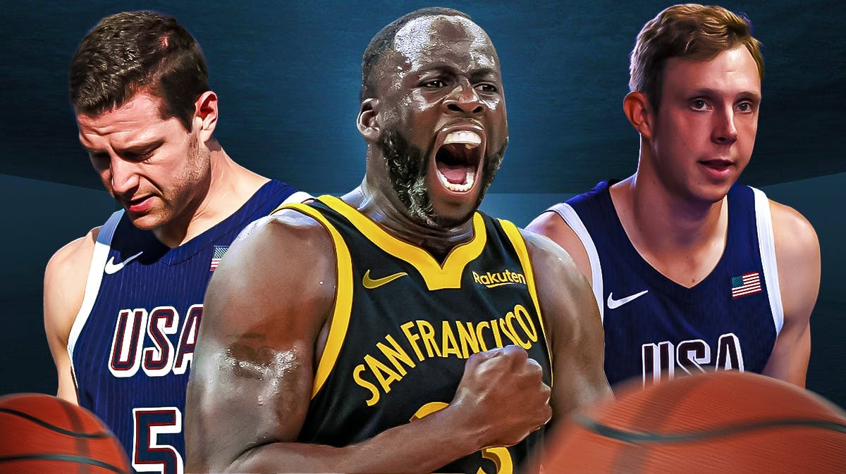 Draymond Green with Team USA 3x3 players Jimmer Fredette and Canyon Barry in front of the Paris Olympics.