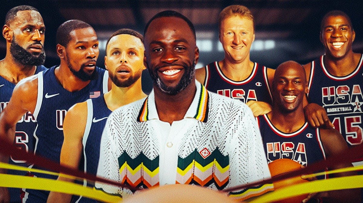 Draymond Green in the center of Kevin Durant, LeBron James and Stephen Curry of Team USA, and Larry Bird, Michael Jordan and Magic Johnson of the Dream Team