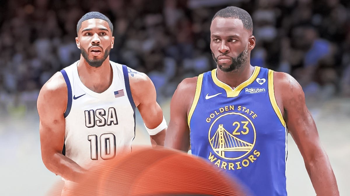 Team USA star Jayson Tatum and Draymond Green in front of the Paris Olympics.