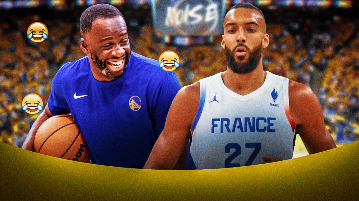 Warriors' Draymond Green laughing, with rofl and happy emojis all over him, with France's Rudy Gobert beside him looking sad