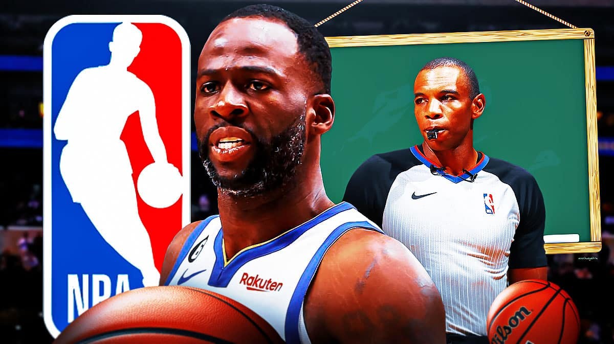 Draymond Green looking annoyed with a basketball logo and a school chalkboard background and a referee in the background as well.
