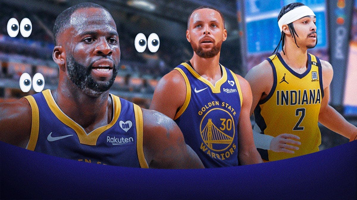 Warriors' Draymond Green with eyes emoji around him while looking at Stephen Curry and Pacers' Andrew Nembhard