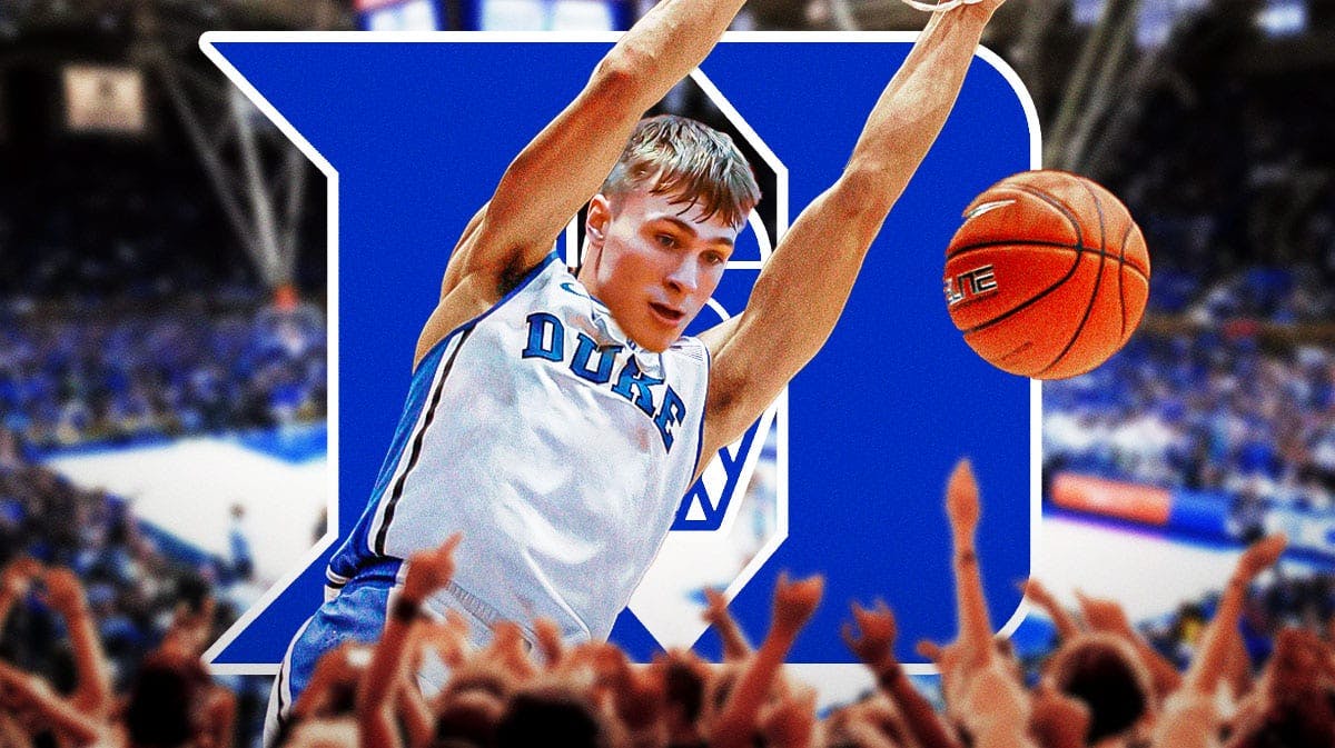 NBA top prospect Cooper Flag's face pasted on a Duke basketball player dunking the ball with a backdrop of Duke fans screaming with Duke basketball's logo in the backdrop