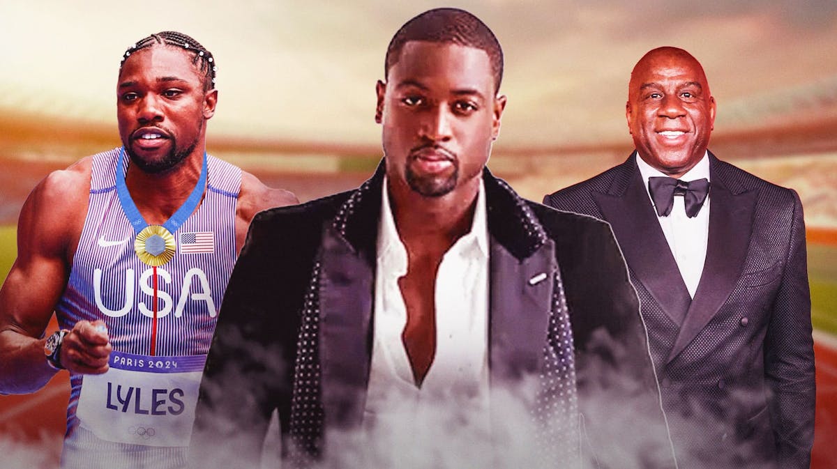 Noah Lyles in Team USA track and field gear with a gold medal around his neck, Dwyane Wade in a suit in the middle, and Magic Johnson in a suit on the right, with a track and field background.