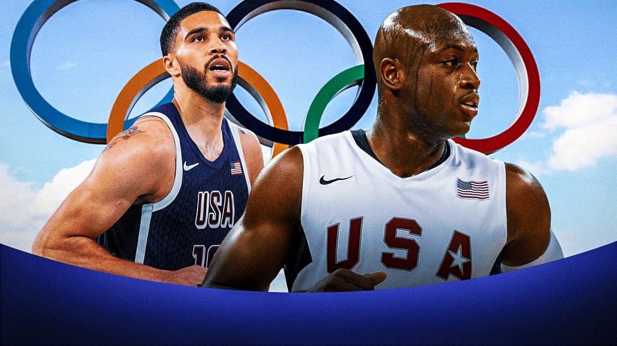 A picture of Dwyane Wade, Jayson Tatum in a Team USA jersey, and a Olympic background.