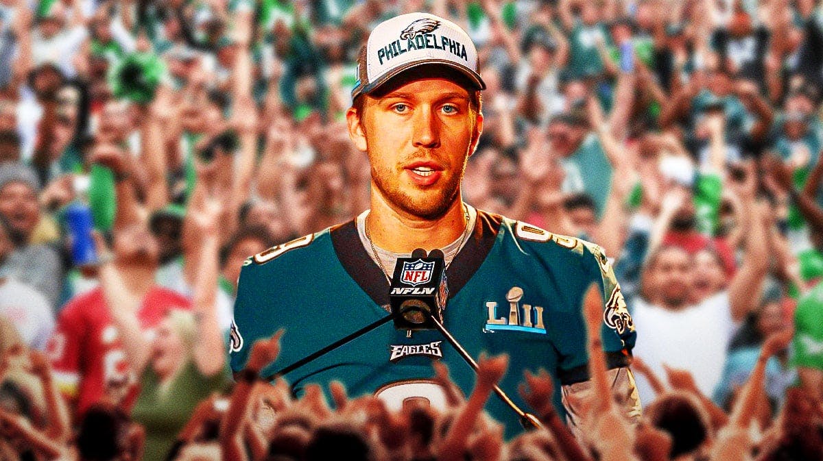 Nick Foles on one side in a Philadelphia Eagles uniform, a bunch of Eagles fans on the other side