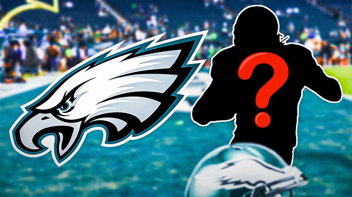 A silhouette of an American football player with a big question mark emoji inside. There is also a logo for the Philadelphia Eagles.