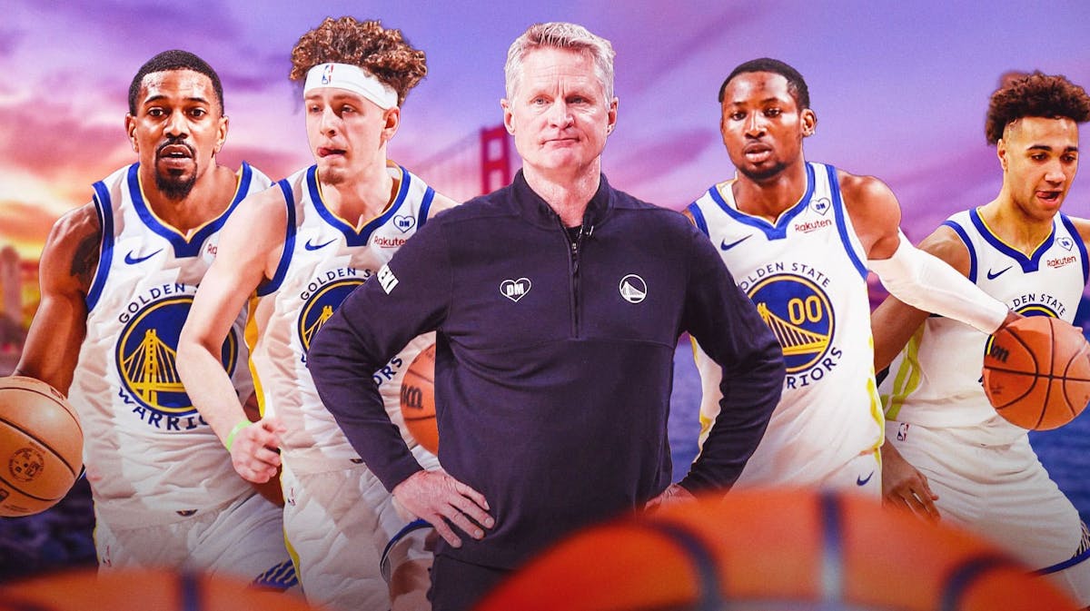 Warriors' De'Anthony Melton, Brandin Podziemski, Steve Kerr, Jonathan Kuminga and Trayce Jackson-Davis