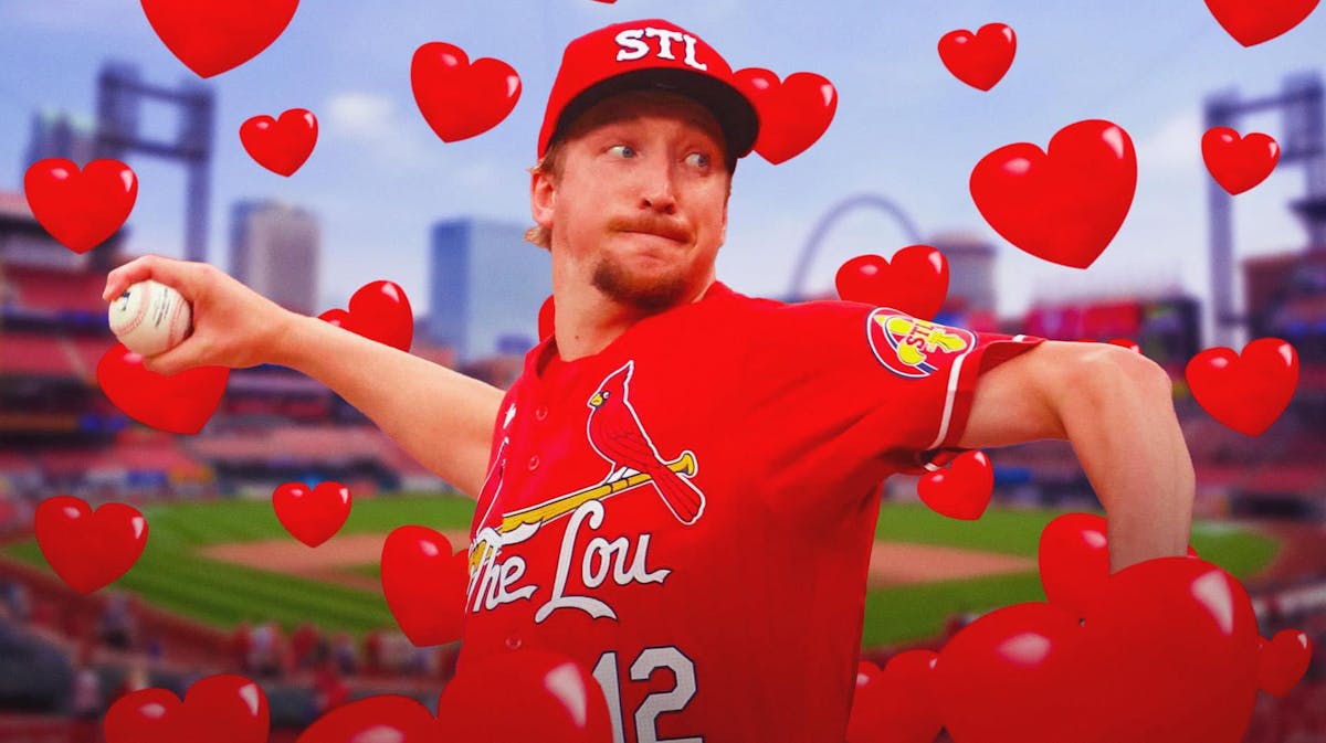 Cardinals' Erick Fedde smiling, with Busch Stadium in the background and hearts all over the pic