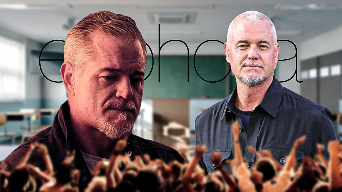 Euphoria logo and high school classroom background with Season 3 star Eric Dane as Cal Jacobs.