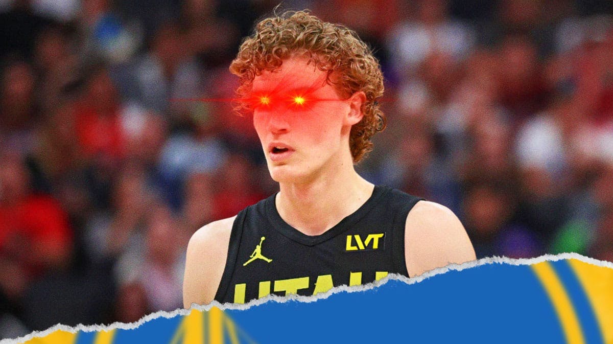 Lauri Markkanen in Jazz jersey smiles with laser eyes next to Warriors logo