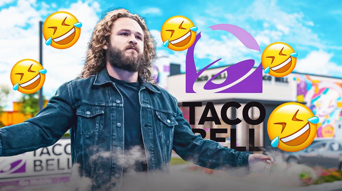 Jack Perry next to the Taco Bell logo with laughing emojis around them.