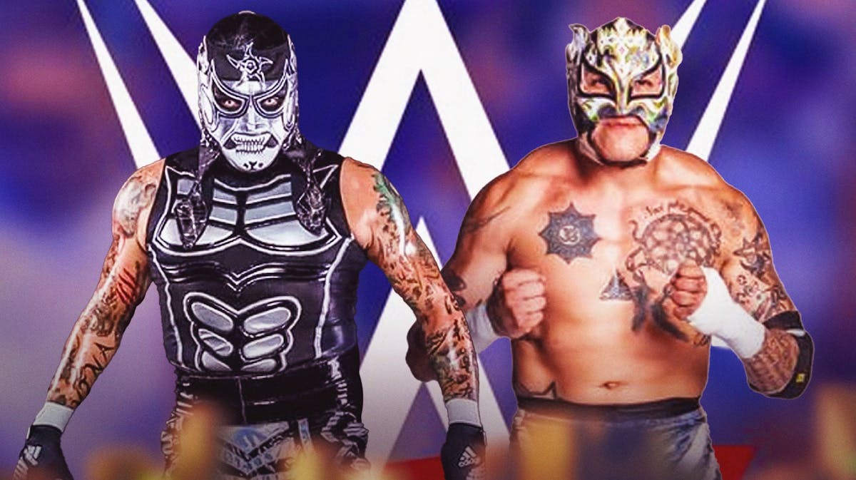 Pentagon Jr. and Rey Fenix of the Lucha Brothers in front of the WWE logo.