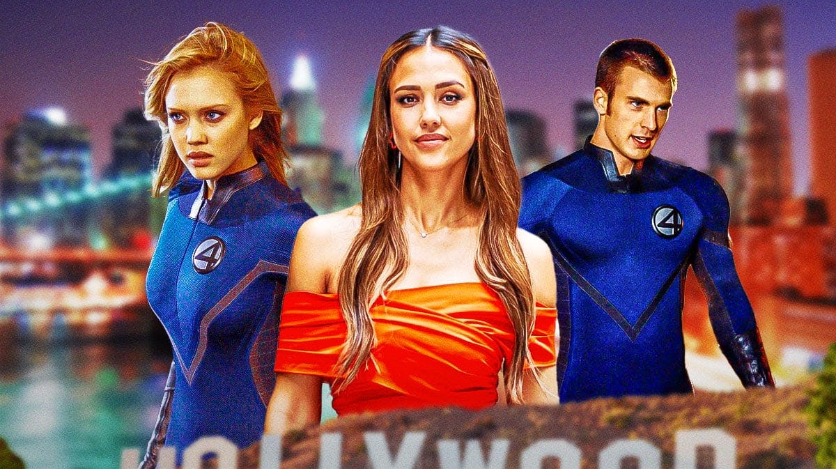 Jessica Alba in between Sue Storm and Johnny Storm (Chris Evans) from Marvel's Fantastic Four.