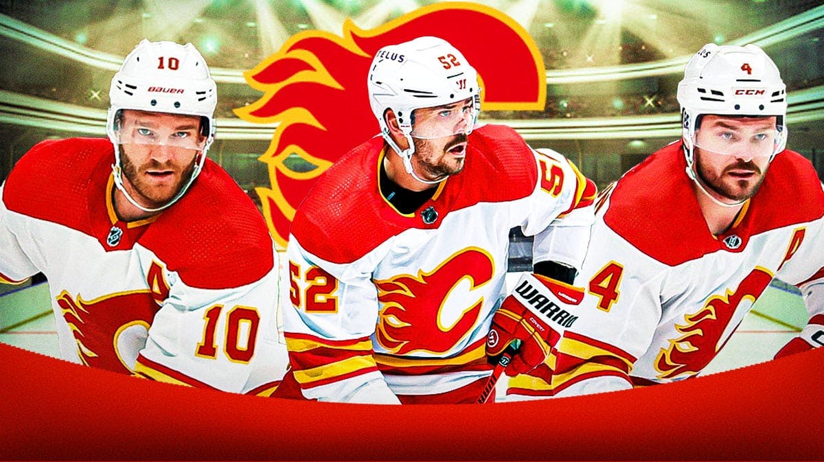 Jonathan Huberdeau, MacKenzie Weegar, and Rasmus Andersson in front of a Calgary Flames logo.