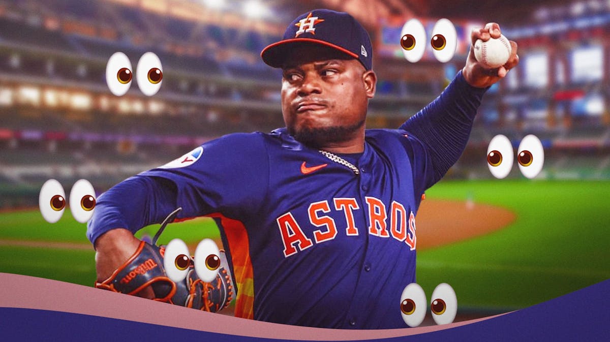 Astros Framber Valdez pitching a baseball at Globe Life Field. Place the eyes emoji all around him looking at him.