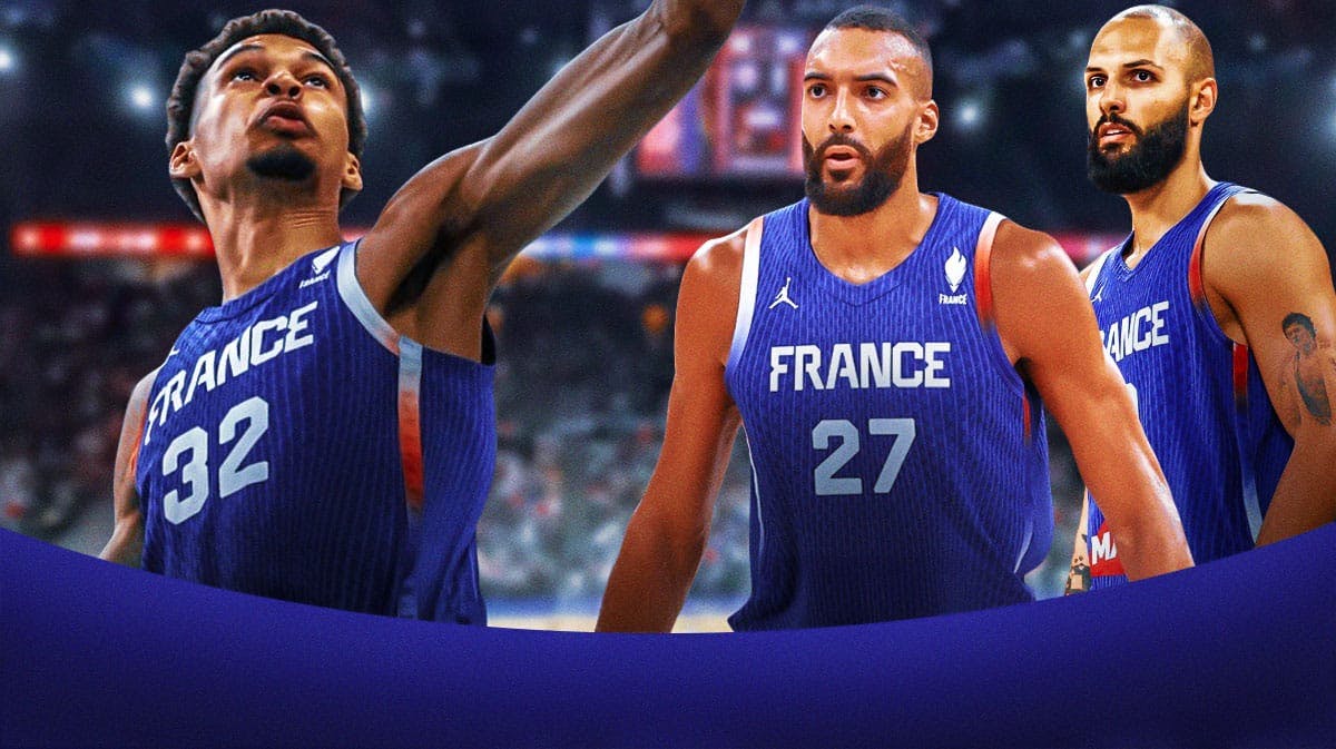Rudy Gobert and Evan Fournier both in France jerseys. Have them on the side of the image watching Victor Wembanyama in a France jersey dunking a basketball.