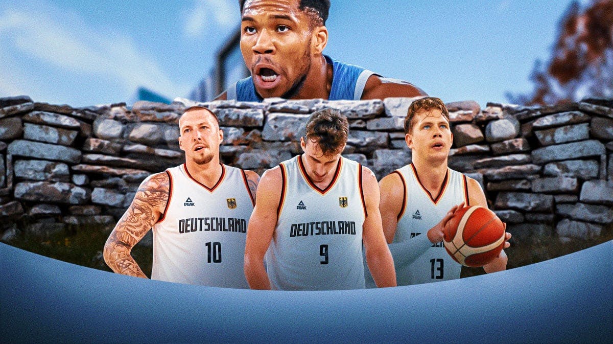 Germany's Franz Wagner, Daniel Theis, and Moe Wagner building a huge wall to stop Greece's Giannis Antetokounmpo