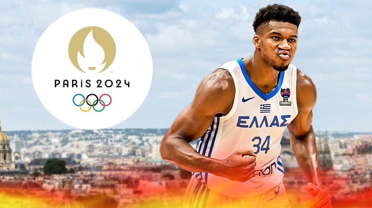 Giannis Antetokounmpo in Greece jersey next to 2024 Paris Olympics logo