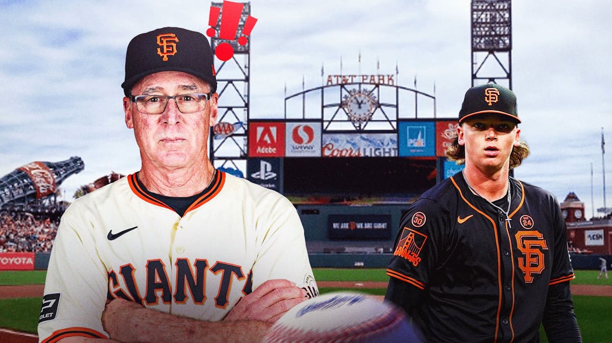 Giants' Bob Melvin with the metal gear alert symbol on top of him while looking at Hayden Birdsong