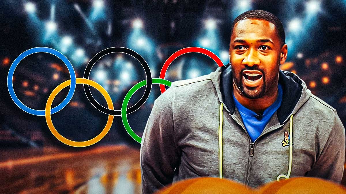 Gilbert Arenas, Derrick White, Team USA, Olympics, USA Serbia, Gilbert Arenas with Olympics logo in background