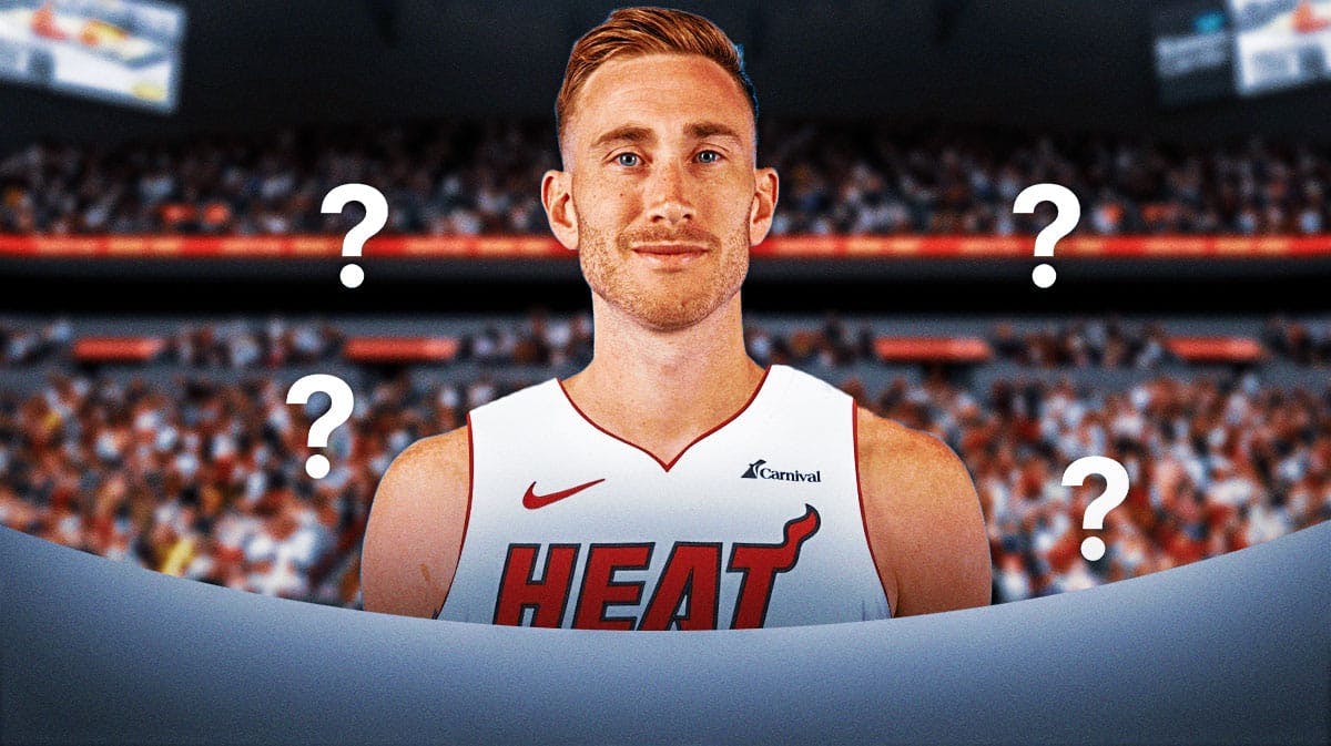 Gordan Hayward in a Miami Heat uniform with question marks around him in front of the Kaseya Center.