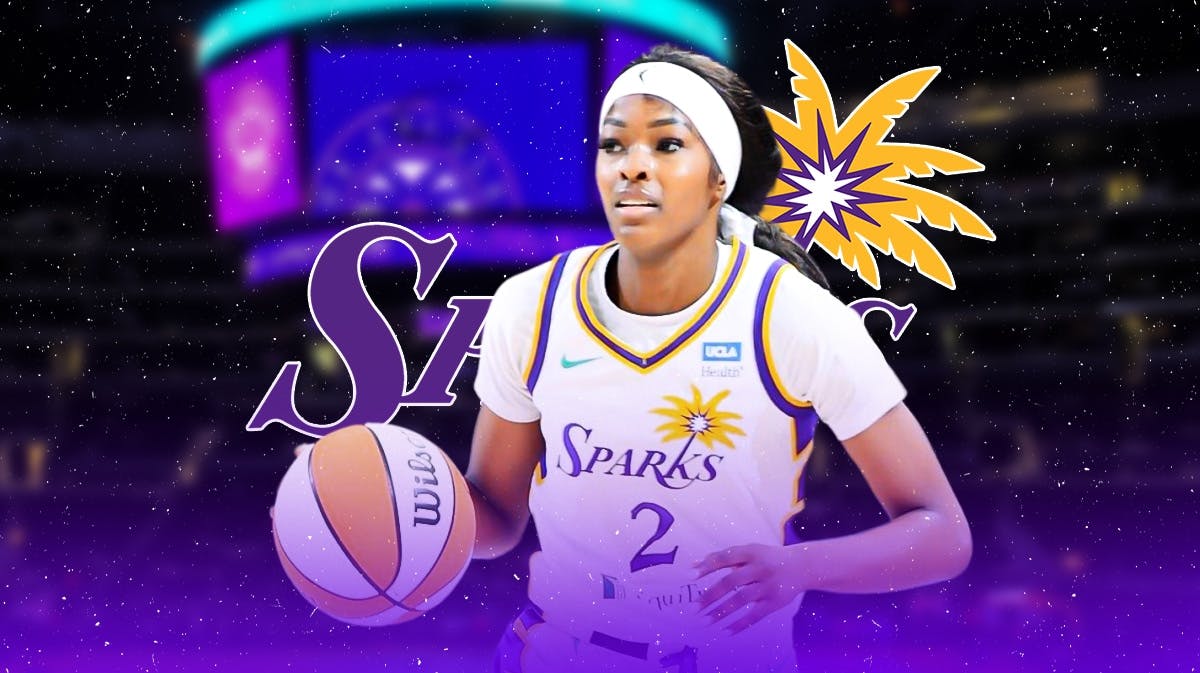 LA Sparks' Rickea Jackson alongside the LA Sparks logo with the LA Sparks arena in the background, WNBA rookie