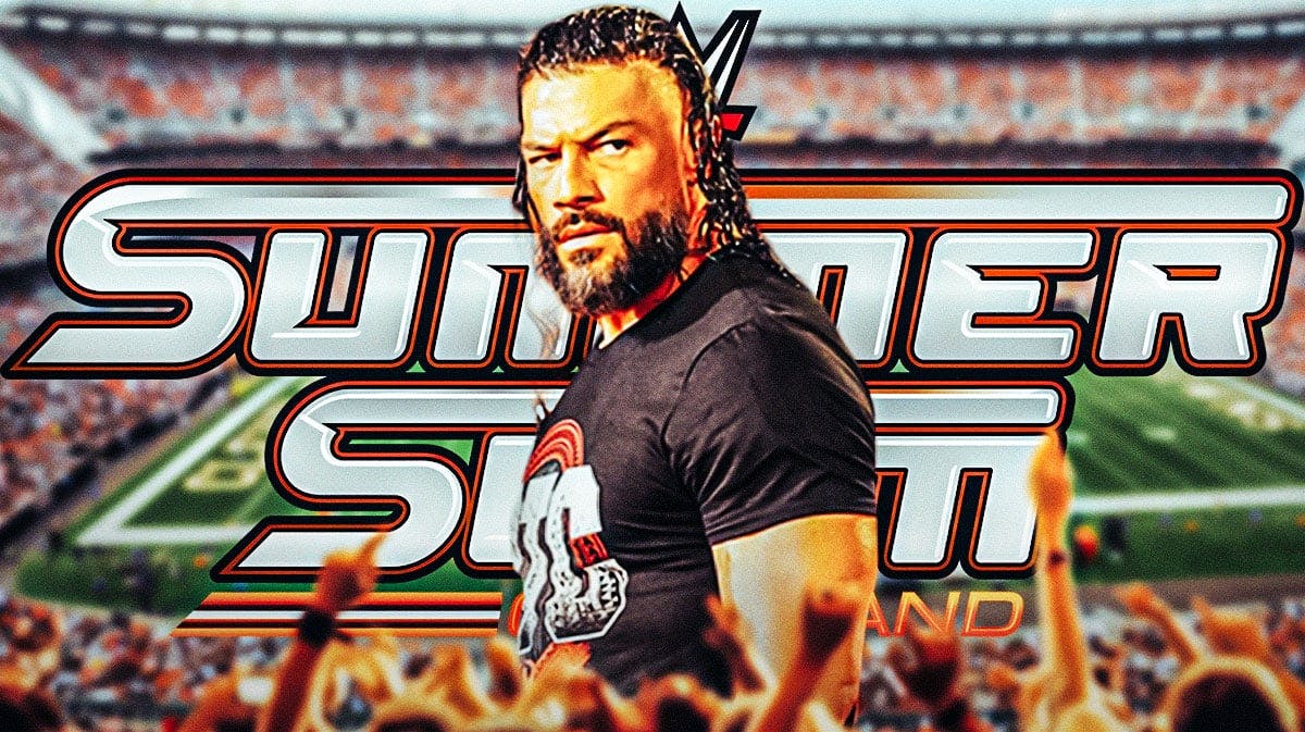 Roman Reigns with WWE 2024 SummerSlam logo and Cleveland Browns stadium background.