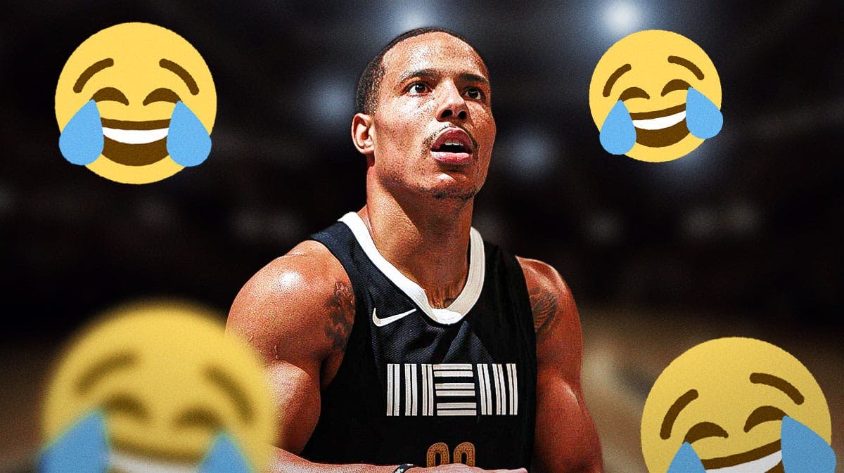 Desmond Bane in a Grizzlies jersey with laughing emojis surrounding him with a basketball court in the background.