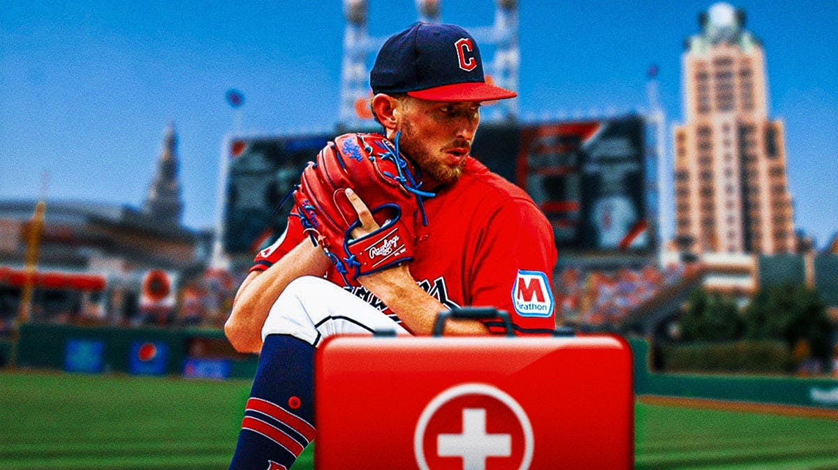 Tanner Bibee pitching in a Cleveland Guardians uniform with a red and white first aid symbol in the image as Bibee has an injury that's caused him to miss a start and the Guardians injuries are mounting.