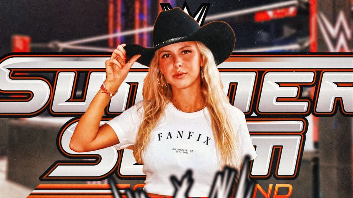 Hawk Tuah Girl (Haliey Welch) in front of WWE ring and 2024 SummerSlam logo.
