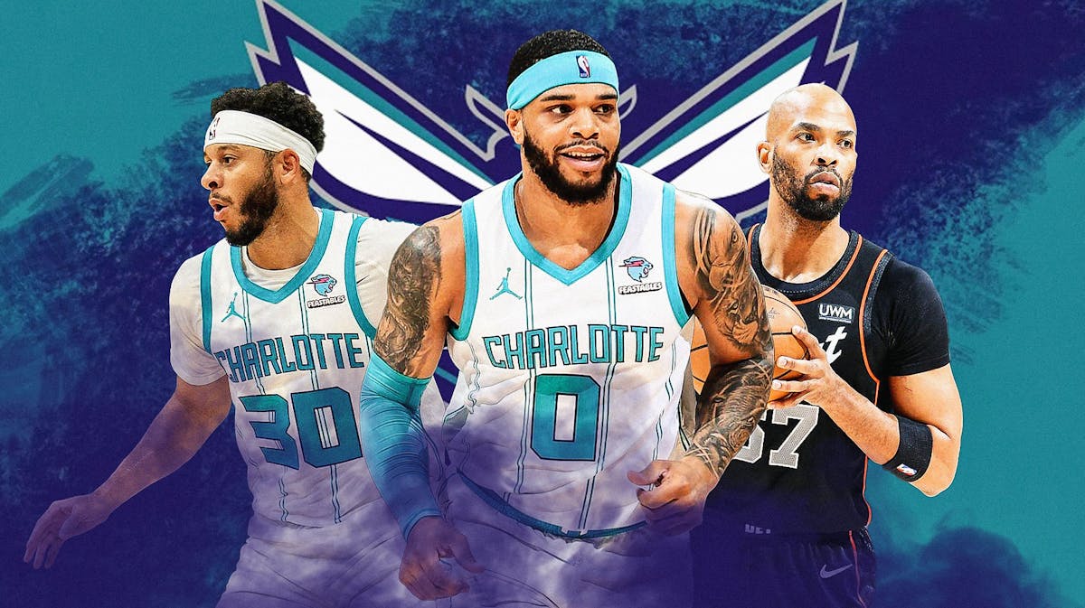 Miles Bridges, Seth Curry beside each other, Charlotte Hornets wallpaper in the background