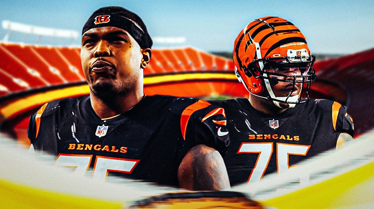 Orlando Brown Jr. in a Bengals uniform. Arrowhead stadium in background