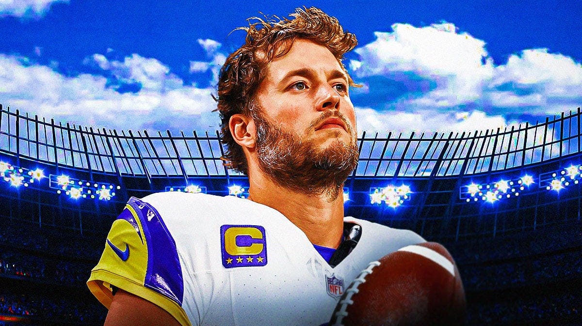 A picture of Matthew Stafford in a Rams jersey with a football field in the background.