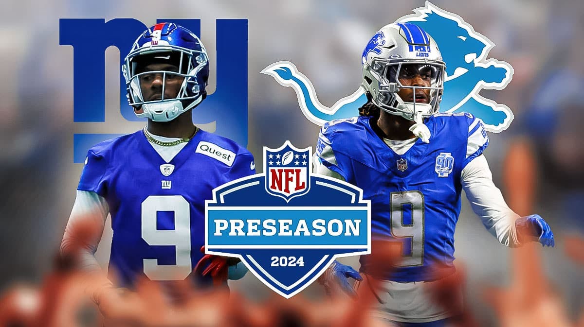 Malik Nabers on one side with Giants logo behind him. Other side with Lions logo behind him is Jameson Williams. 2024 NFL preseason logo front and center.