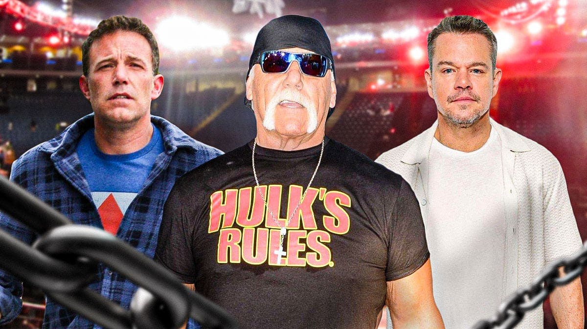 Ben Affleck and Matt Damon with Hulk Hogan in between them with WWE ring background.