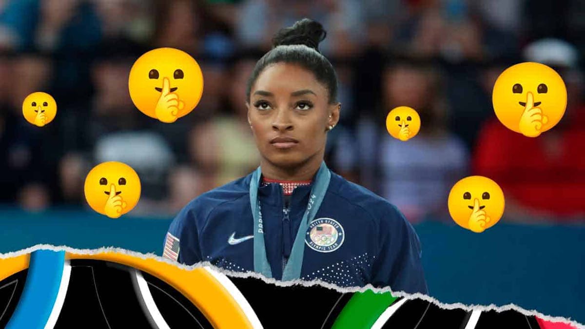 USA women's gymnast Simone Biles, with a frustrated or neutral/unhappy expression, and the "Shh" emoj