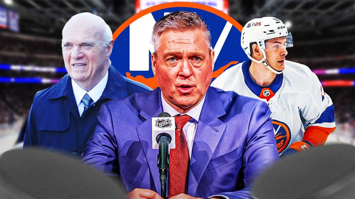 Patrick Roy, Mathew Barzal, and Lou Lamoriello in front of Islanders logo