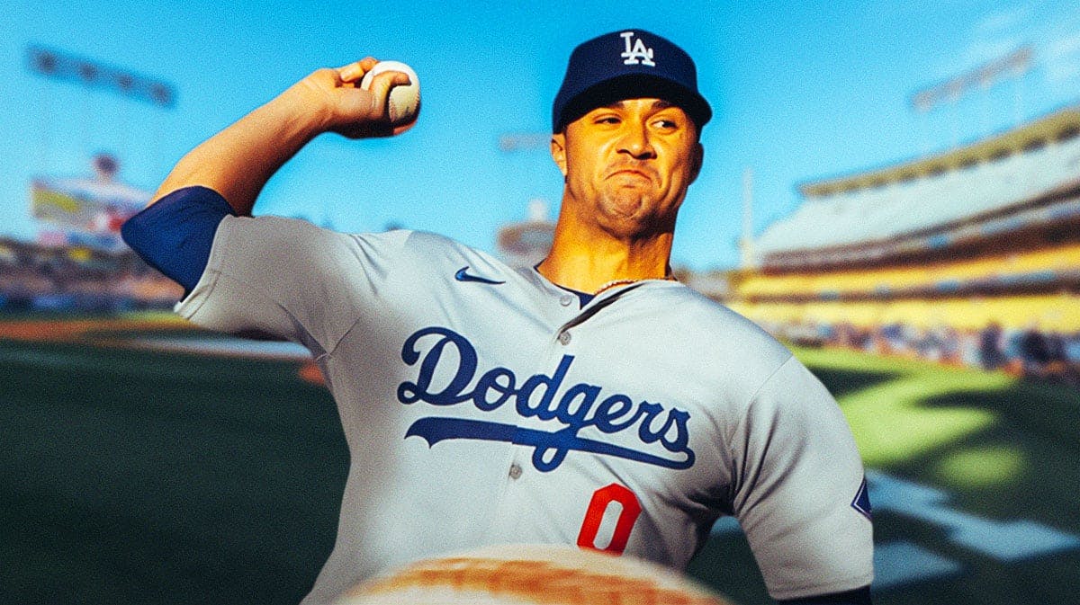 Los Angeles Dodgers star Jack Flaherty in front of Dodger Stadium.